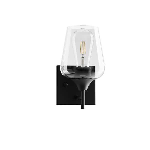 1-Light Matt Black Wall Sconce with Clear Glass Shade