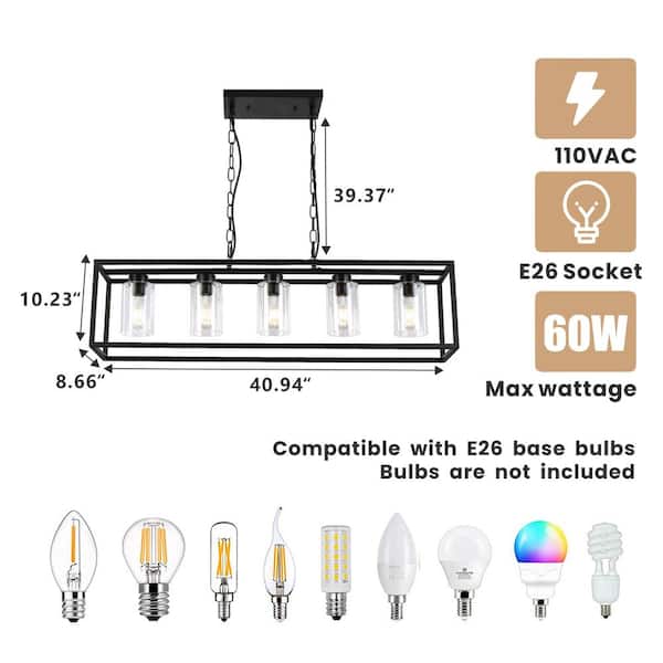 5-Light Black Dining Room Chandelier Hanging Light Fixture Modern Kitchen Island Bar Linear Lighting with Glass Shade