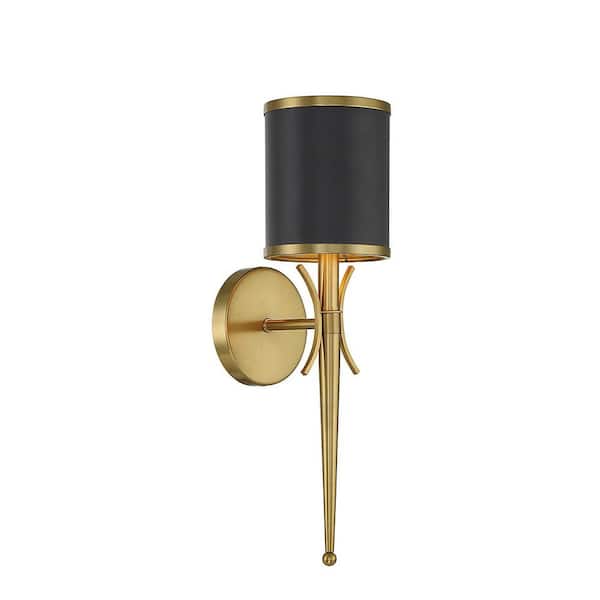 Quincy 5.25 in. W x 18.5 in. H 1-Light Matte Black with Warm Brass Accents Wall Sconce with Metal Shade