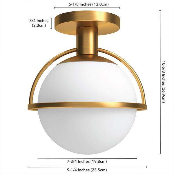 Cieonna 9.25 in. 1-Light Antique Brass and White Semi Flush Mount with Glass Shade