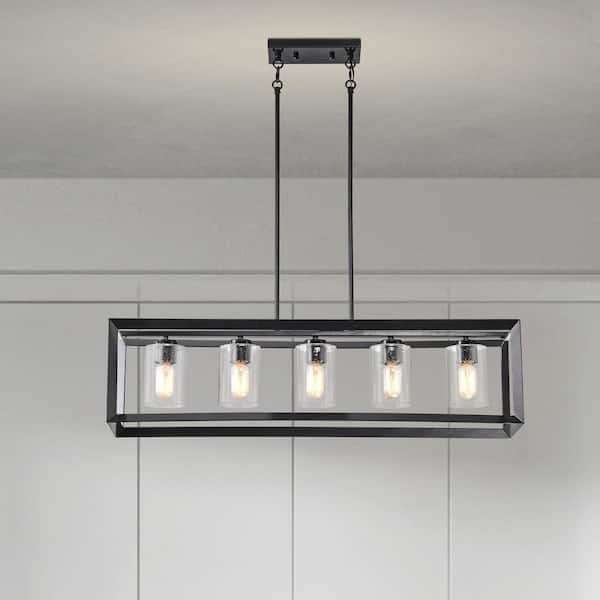 Richard 5-Light Antique Black Rectangular Kitchen Island Chandelier with Seeded Glass Shades
