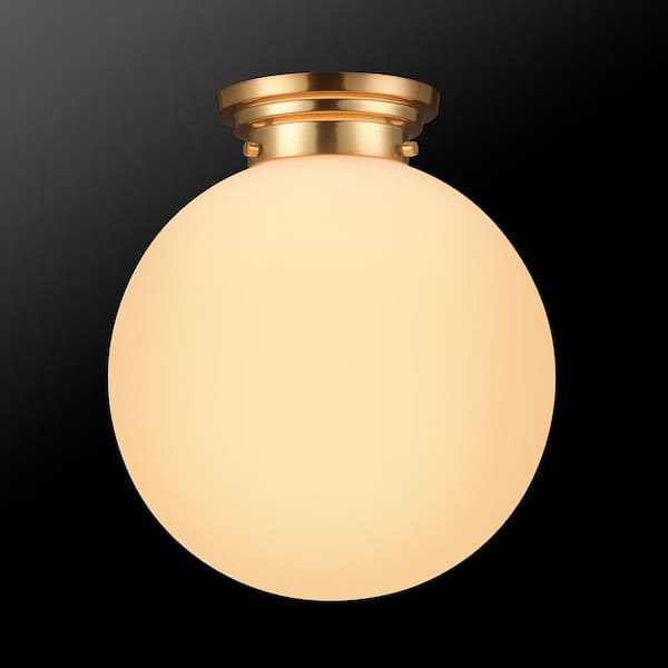 Portland 11.8 in. 1-Light Matte Brass Semi-Flush Mount Ceiling Light with Opal Glass Shade