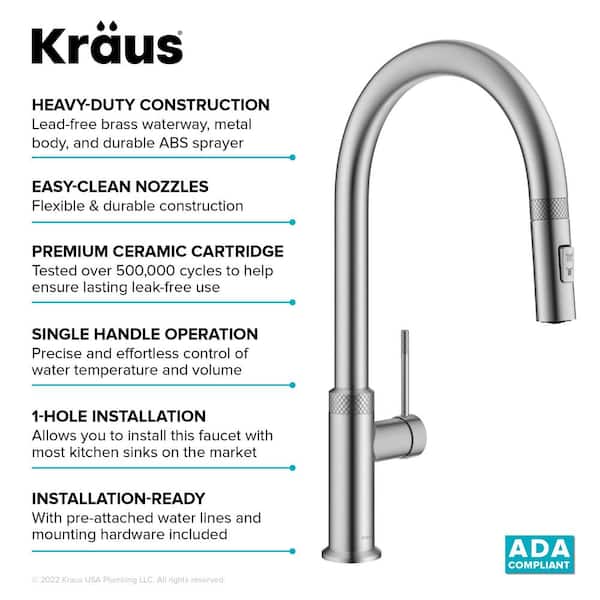 Oletto Modern Industrial Pull-Down Single Handle Kitchen Faucet in Spot Free Stainless Steel