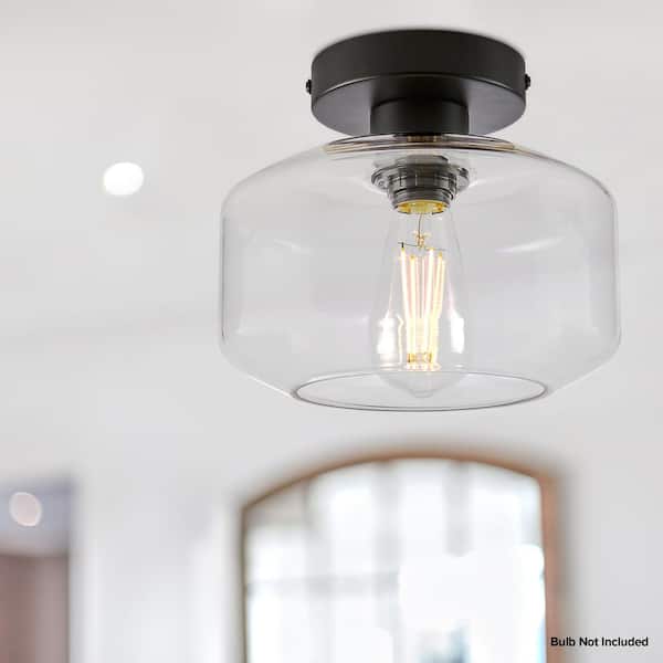 Semi Flush Mount Industrial Ceiling Light Fixture, Black with Clear Glass Pendant Lamp Shade, Bulb Not Included