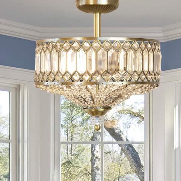 14.75 in. 2-Light Gold Semi-Flush Mount-Light with Tiered Jeweled Glass