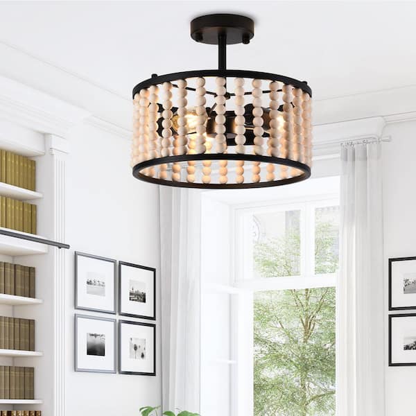 13 in. 3-Light Matte Black Wood Bead Semi-Flush Mount Ceiling Light Farmhouse Boho Light Fixture