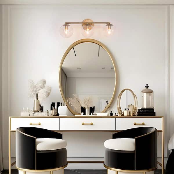 Mid-Century Modern Globe Bathroom Vanity Light 3-Light Brass Gold Round Wall Light with Clear Glass Shades