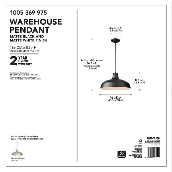 1-Light Black Warehouse Pendant Hanging Light with Metal Shade