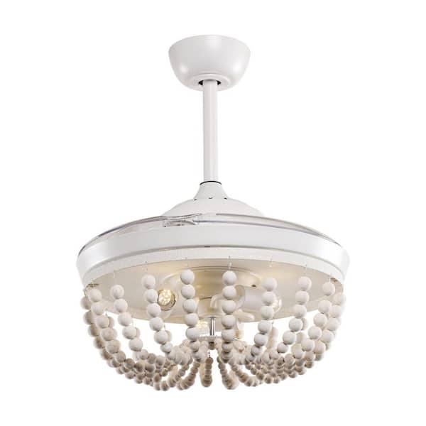 Huang 42 in. Wooden Beads Retractable 3-Blade White Ceiling Fan Chandelier with Remote Control and Light Kit