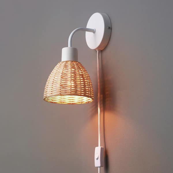 1-Light Matte White Plug-In or Hardwire Wall Sconce with Rattan Shade, 6 ft. White Cord, In-Line On/Off Rocker Switch