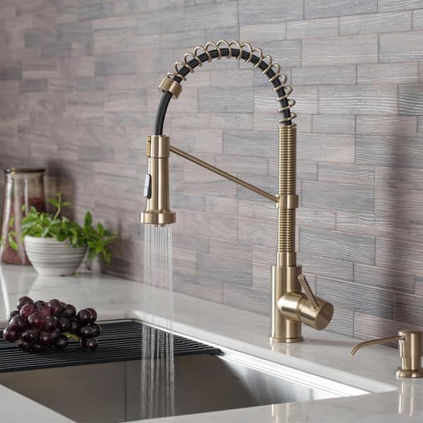 Single Handle 18-Inch Commercial Kitchen Faucet with Dual Function Pull-Down Sprayhead in Brushed Gold Finish