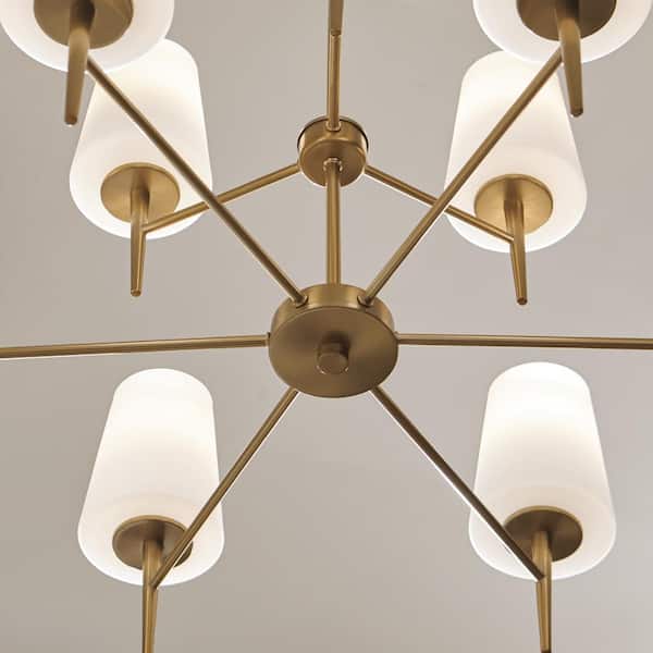 Driscoll 9-Light Satin Brass Mid-Century Modern Hanging Chandelier with Inside White Painted Etched Glass
