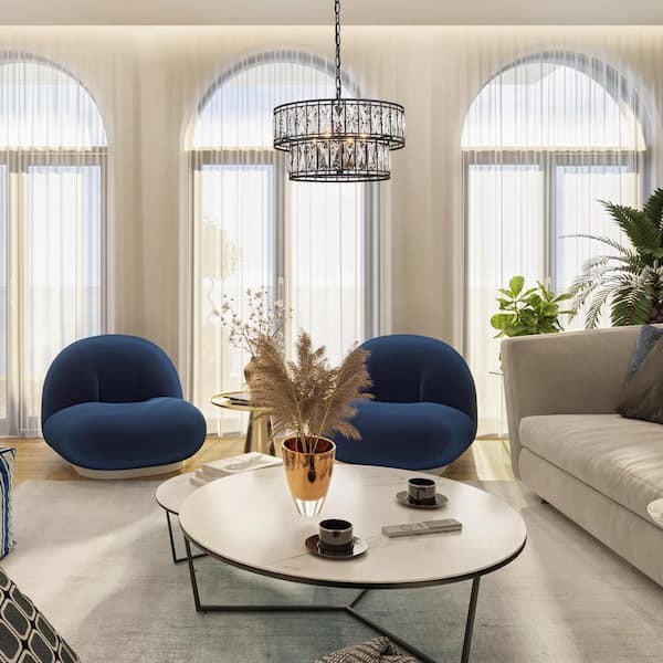 Cristallo Modern Dining Room Island Candlestick Chandelier 4-Light Black Drum Pendant with 2-Tier Clear Crystal Shade