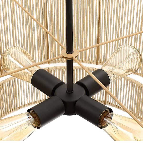 22 in. 4-Light Rattan Tiered Drum Pendant Chandelier Light with Black Canopy