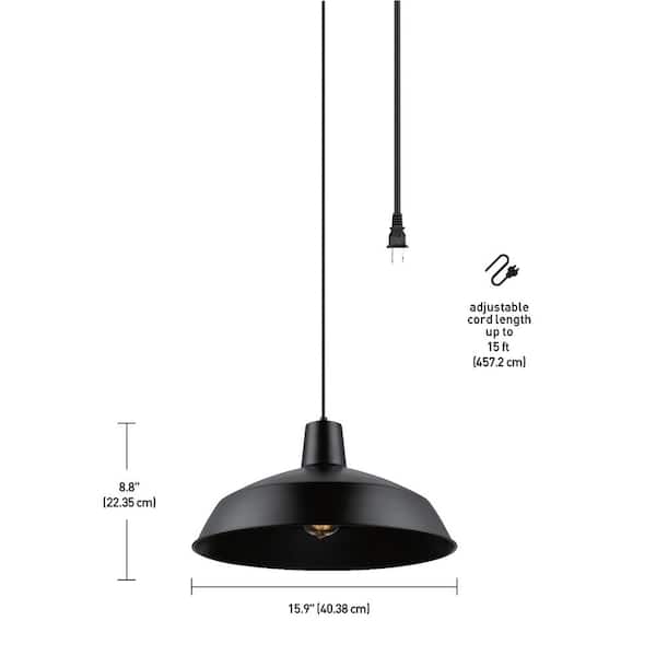 Barnyard 1-Light 16 in. Industrial Warehouse Matte Black Plug-In Pendant