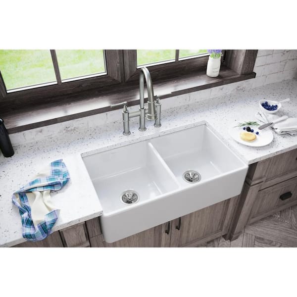 Burnham White Fireclay 33 in. Double Bowl Farmhouse Apron Kitchen Sink