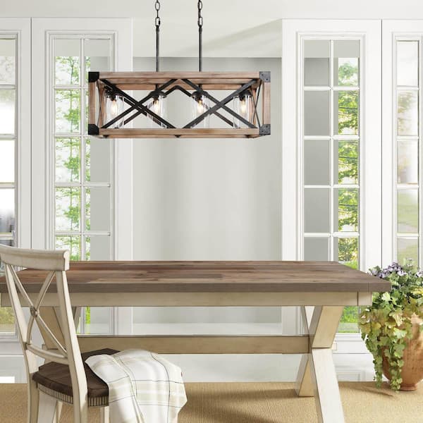 Farmhouse Wood Island Chandelier, Distressed Black Hanging Ceiling Light 4-Light Modern Pendant with Clear Glass Shades