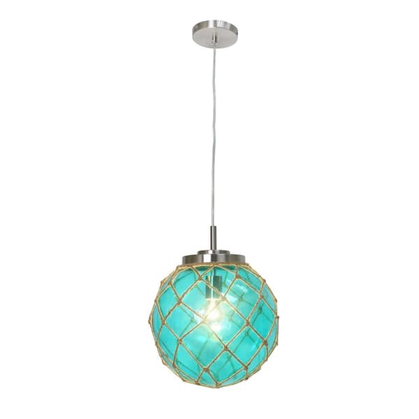 1-Light Buoy Netted Aqua Brushed Nickel Coastal Ocean Sea Glass Pendant