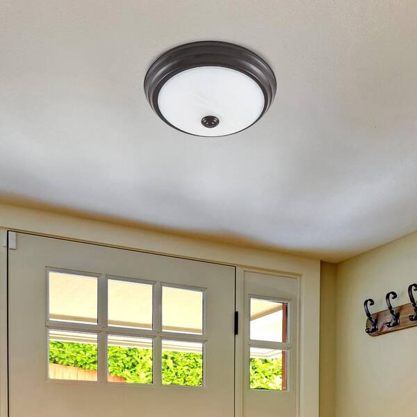 11 in. Satin Bronze Integrated 2700K CCT LED Ceiling Light Flush Mount with Alabaster Glass