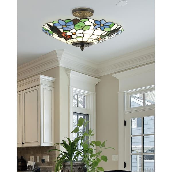 Pansy 3-Light Antique Brass Semi-Flush Mount Light with Art Glass Shade