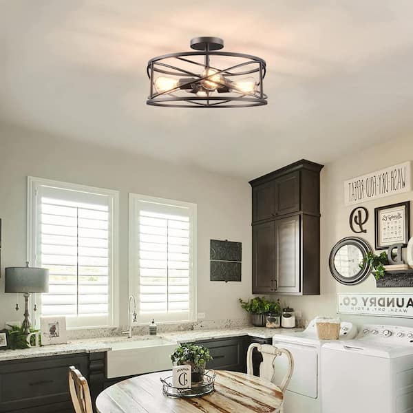 17 in. 4-Light Bronze Caged Drum Semi-Flush Mount