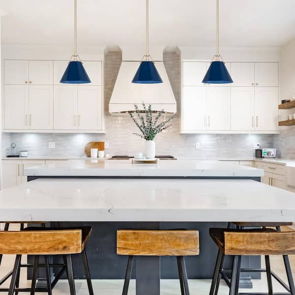 Modern Coastal Blue Mini Gold Pendant Light 0.7 ft. 1-Light Industrial Farmhouse Island Chandelier with Navy Blue Shade