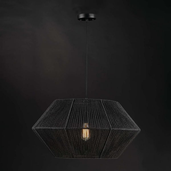 Terra 1-Light Matte Black Chandelier with Natural Twine Shade and Designer Black Cloth Hanging Cord