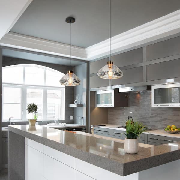 Anila Modern Farmhouse 1-Light Black and Polished Brass Island Pendant Light with Bell Mercury Glass Shade for Foyer