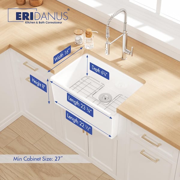 Denbigh Crisp White Ceramic 24 in. Single Bowl Farmhouse Apron Kitchen Sink with Bottom Grid and Basket Strainer