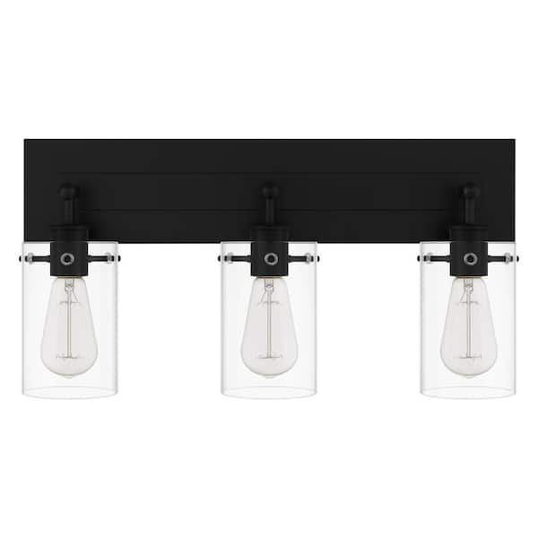 Regan 21 in. 3-Light Matte Black Bathroom Vanity Light with Clear Glass Shades