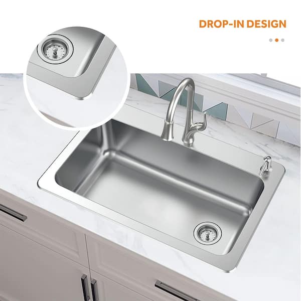 All in-One 33 in. Drop-in/Undermount Single Bowl 18 Gauge Stainless Steel Kitchen Sink with Pull-Down Faucet/Strainer