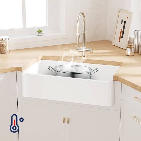 Denbigh Crisp White Fireclay 33 in. Single Bowl Farmhouse Apron Kitchen Sink with Bottom Grid and Basket Strainer
