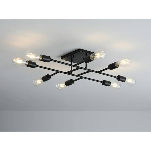 Modern 28 in. 8-Light Black Sputnik Linear Semi-Flush Mount Ceiling Lighting Fixture