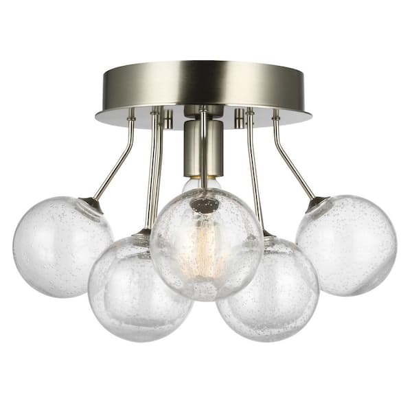 Bronzeville 15 in. 1-Light Brushed Nickel Semi-Flush Mount with Seeded Glass Globes