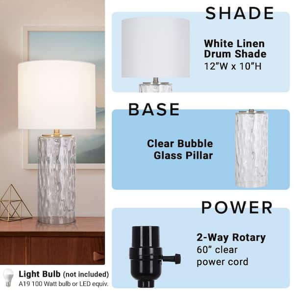 Krislyn 24 in. Clear Water Glass Table Lamp with White Linen Shade