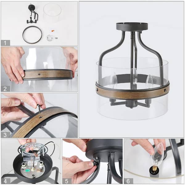 Modern Farmhouse Black Drum 3-Light Candlestick Semi-Flush Mount Ceiling Light with Faux Wood Accent Clear Glass Shade