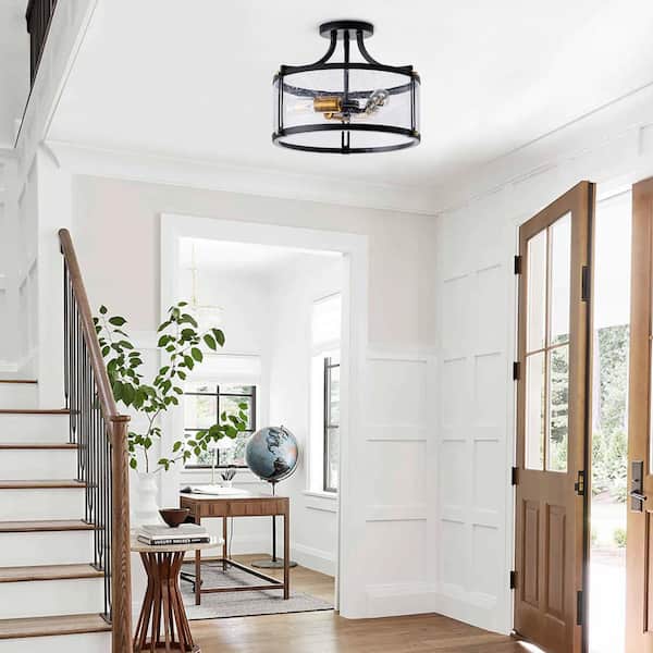 15.7in. 3-Light Industrial Black Semi-Flush Mount Ceiling Light with Seeded Glass Shade