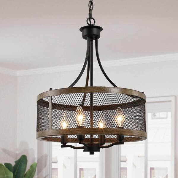 Black Drum Chandelier 4-Light Candlestick Dark Brown Farmhouse Round Pendant with Open Cage Frame and Wood Accent