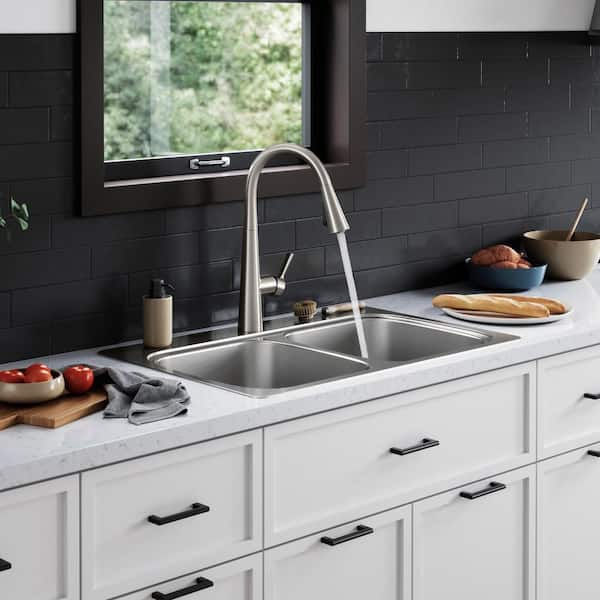 Verse Stainless Steel 33 in. Double Bowl Drop-In Kitchen Sink with Faucet