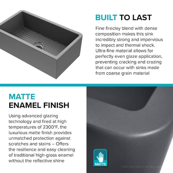 Turino Matte Gray Fireclay 33 in. Single Bowl Farmhouse Apron Kitchen Sink