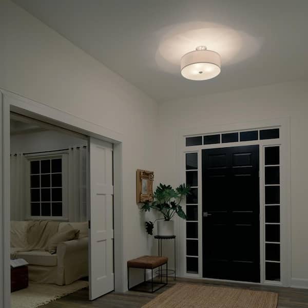 Shailene 18 in. 3-Light Brushed Nickel Round Hallway Transitional Semi-Flush Mount Ceiling Light with Microfiber Shade