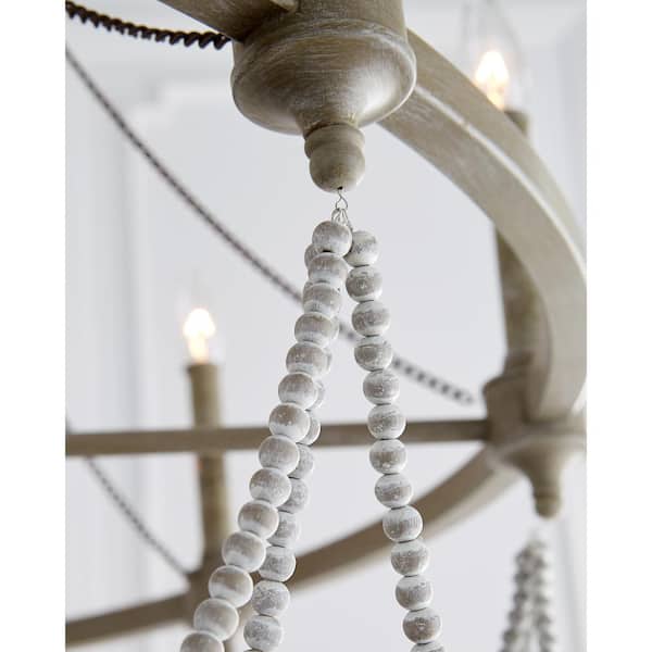 Beverly 8-Light French Washed Oak and Distressed White Wood Beaded Wagon Wheel Farmhouse Hanging Candlestick Chandelier