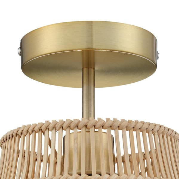 D 12 in. x H 11.3 in. 1-Light Brass/Wheat Bohemian Rattan Semi-Flush Mount Ceiling Light