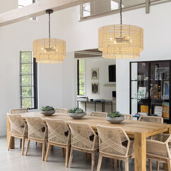 20 in. 4-Light Rattan Tiered Drum Pendant Chandelier Light with Black Canopy