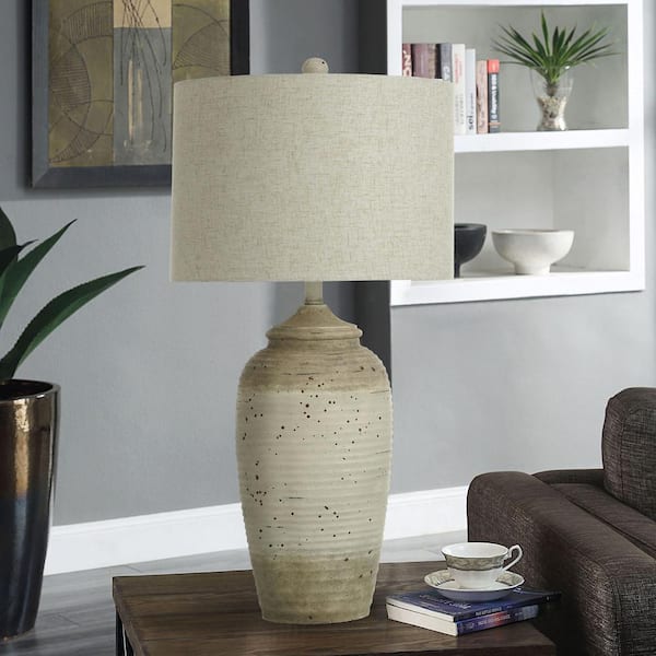 Charlotte 32 in. Taupe, Cream, Speckled, Sand Urn Task and Reading Table Lamp for Living Room with Brown Linen Shade