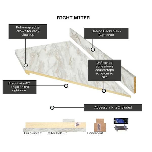Wilsonart 8 ft. Right Miter Laminate Countertop Kit Included in Textured Drama Marble with Eased Edge and Backsplash