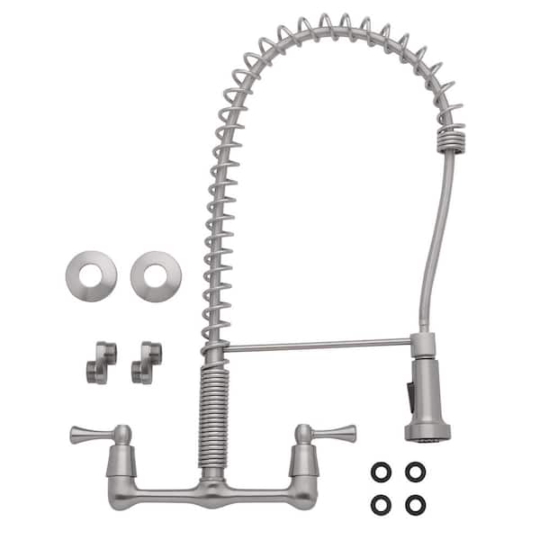 2-Handle Wall-Mount Pull-Down Sprayer Kitchen Faucet in Stainless Steel