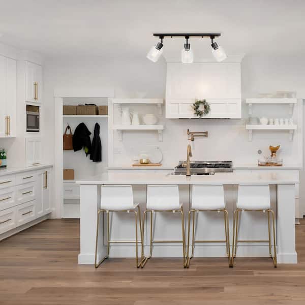 Griffith 25 in. 3-Light Faux Wood and Matte Black Track Lighting with Clear Glass Shades