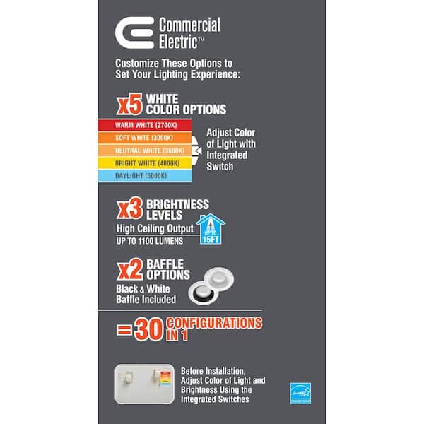 6 in. Adjustable CCT 30 Lighting Options Integrated Integrated LED Recessed Light Trim New Construction Remodel