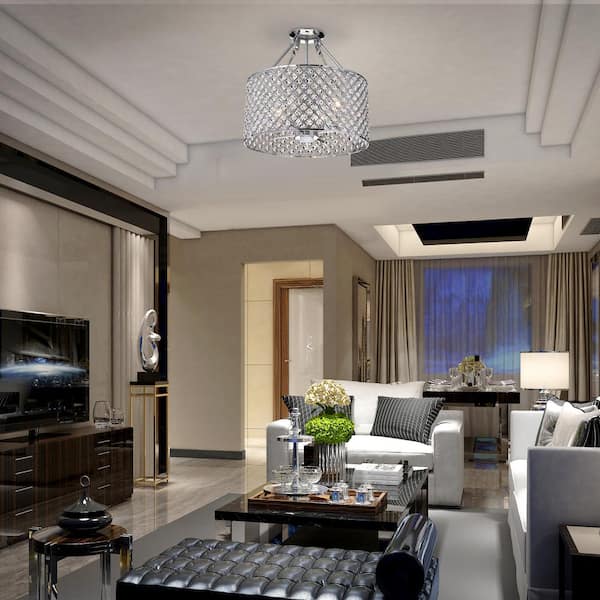 Marya 4-Light Modern Chrome Crystal Semi-Flush Mount Light with Clear Glass Crystal Beaded Drum Shade